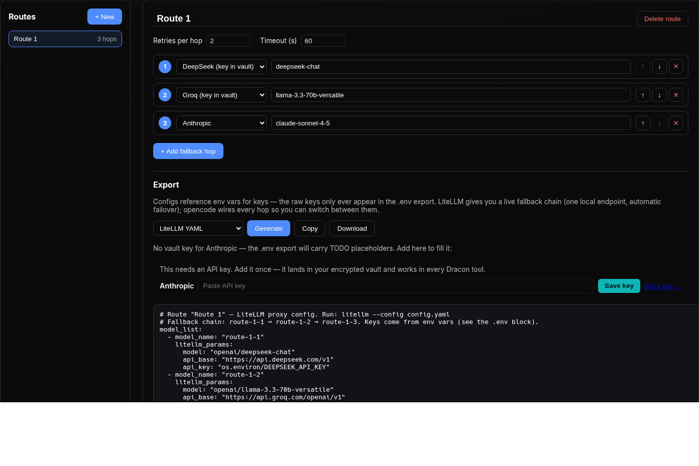 The Dracon router builder: a named route with ordered provider fallback hops and the export format picker