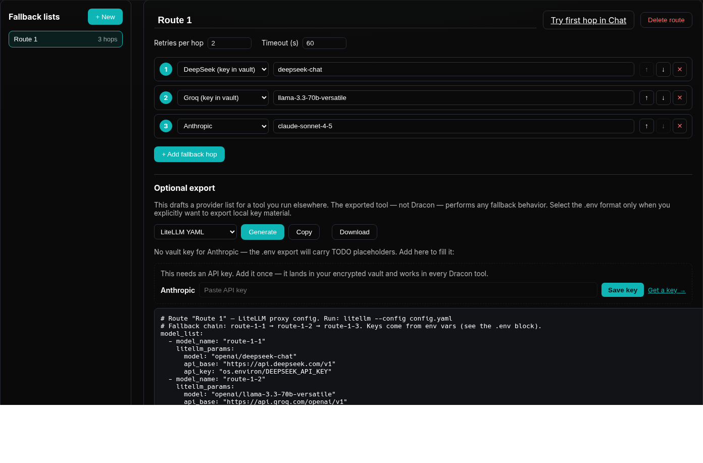 The Dracon optional fallback-list builder: an ordered provider list with an export format picker