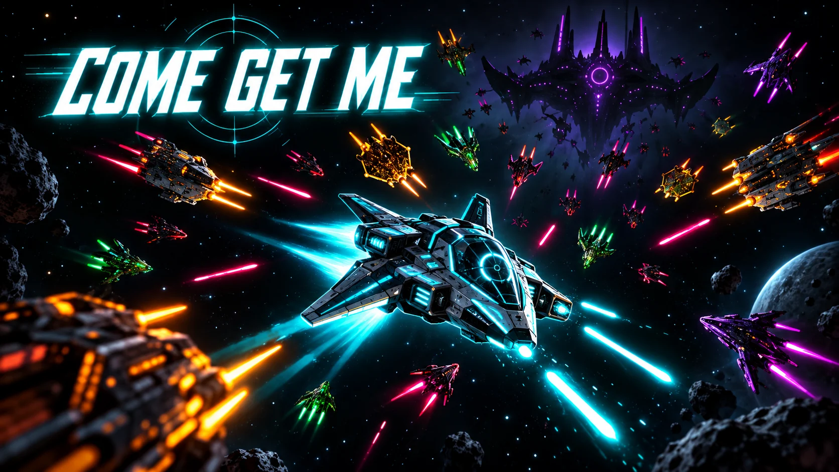 Come Get Me space cover art with a neon starfighter facing an alien horde and the title prominently displayed.
