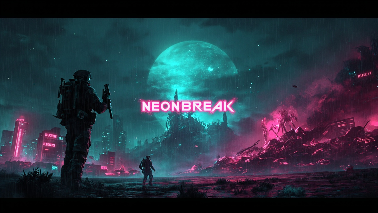 Title screen — NEONBREAK in chunky magenta mono over a cyberpunk city at night with an alien breach tearing through the skyline.